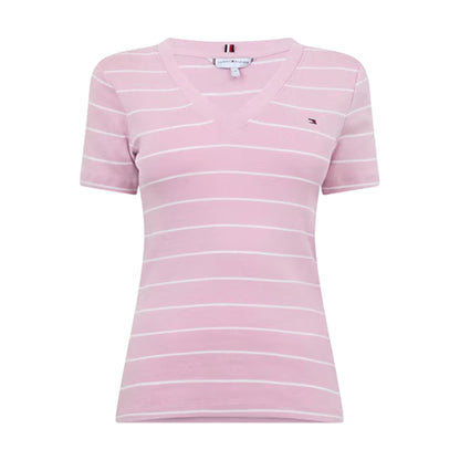 Pink-Ecru - Front - Tommy Hilfiger Womens-Ladies Striped Cotton T-Shirt