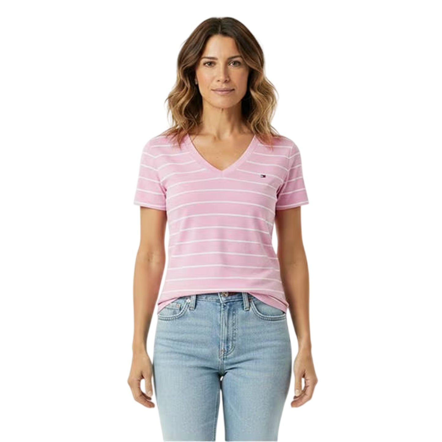 Pink-Ecru - Side - Tommy Hilfiger Womens-Ladies Striped Cotton T-Shirt