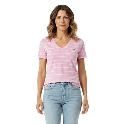 Pink-Ecru - Side - Tommy Hilfiger Womens-Ladies Striped Cotton T-Shirt