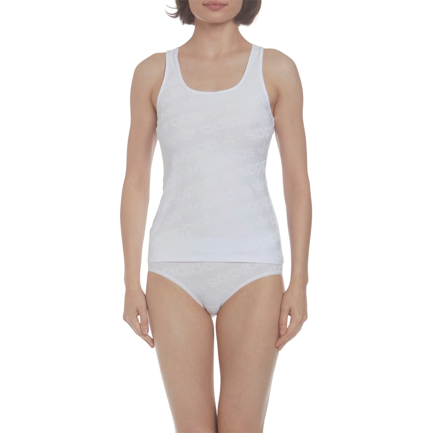 White - Front - Adidas Womens-Ladies All Over Logo Cotton Vest Top