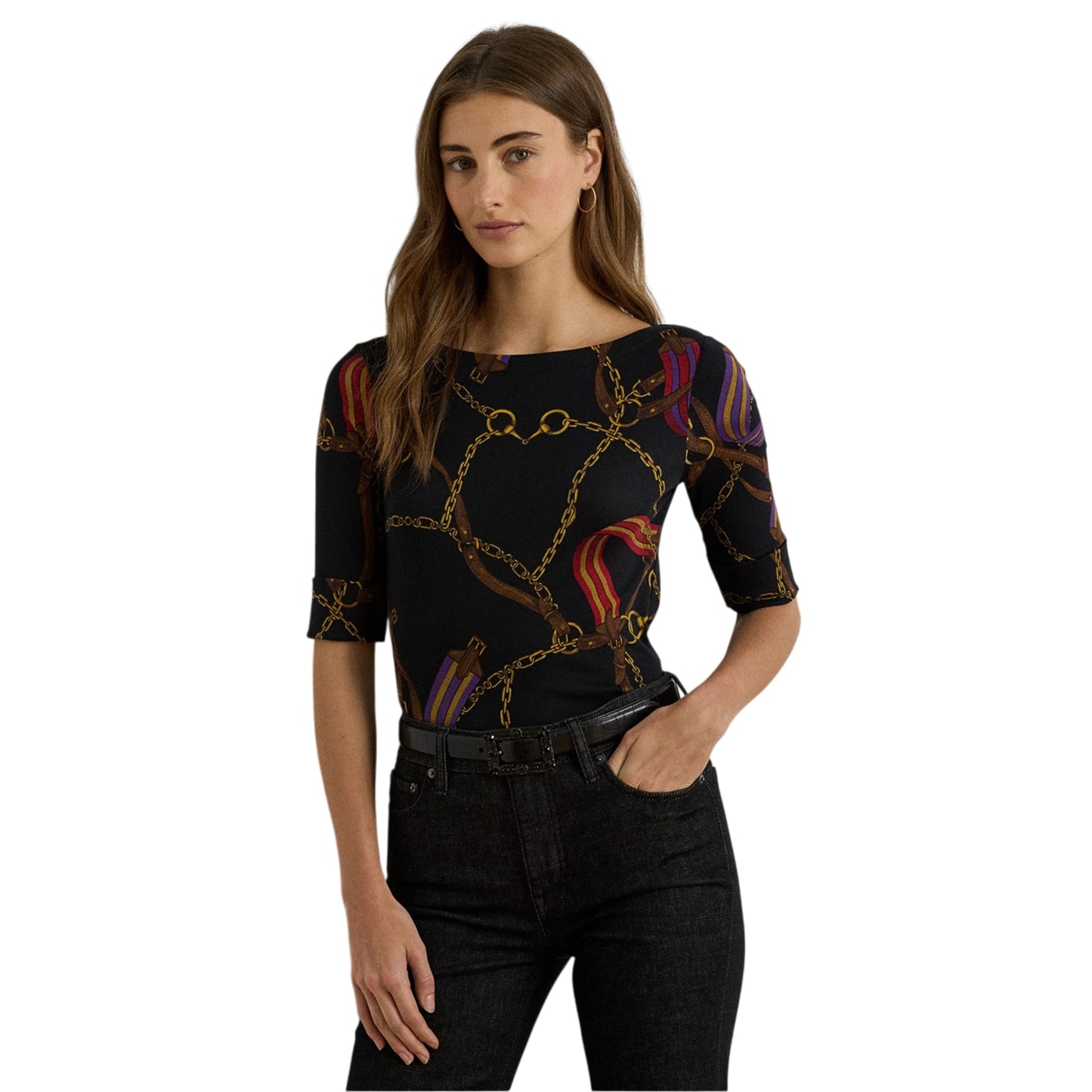 Black - Side - Ralph Lauren Womens-Ladies Judy Boat Neck Short-Sleeved T-Shirt