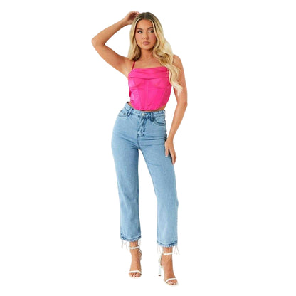 Pink - Back - Missy Empire Womens-Ladies Exposed Seams Satin Corset Top
