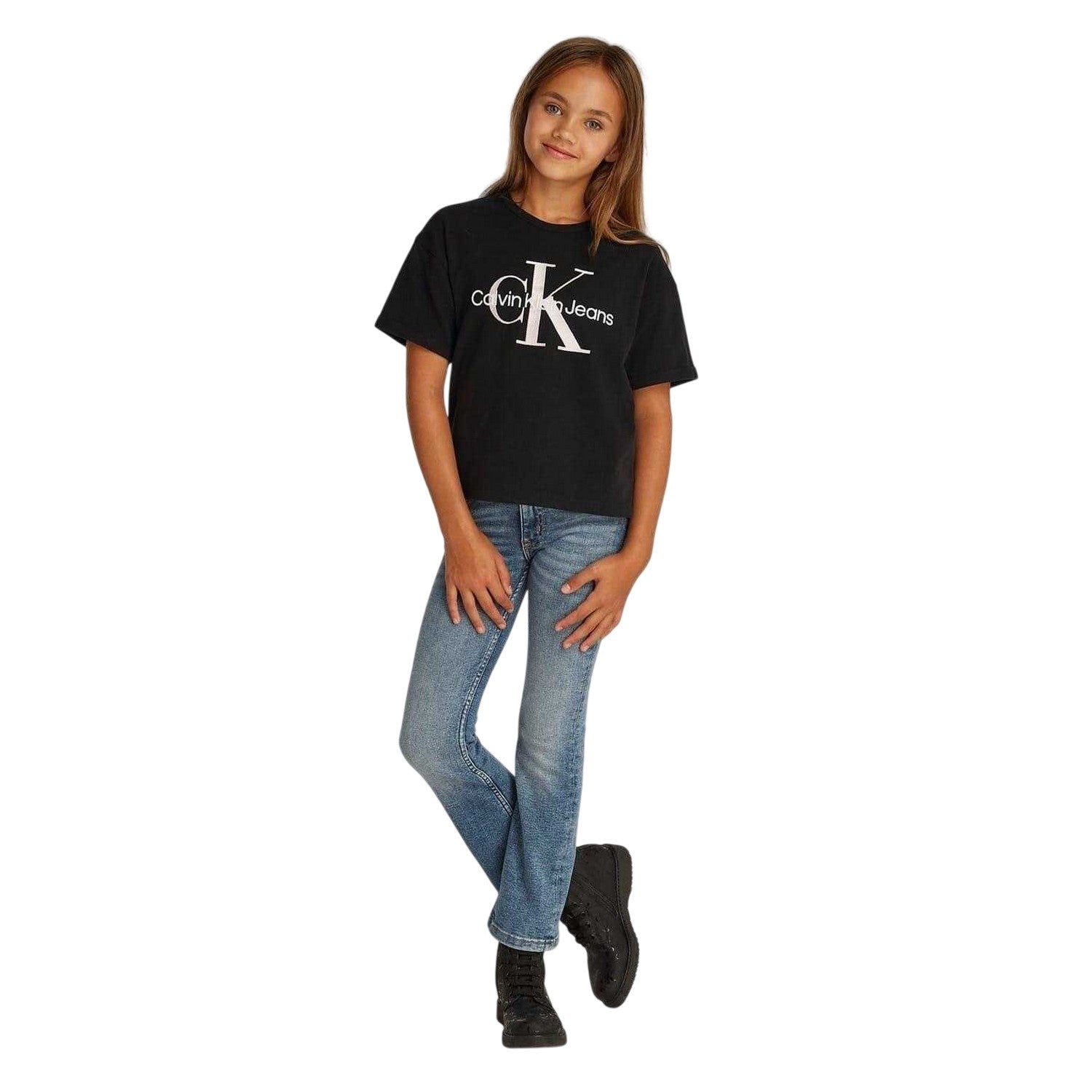 Black - Side - Calvin Klein Girls Monogram Regular Short-Sleeved T-Shirt