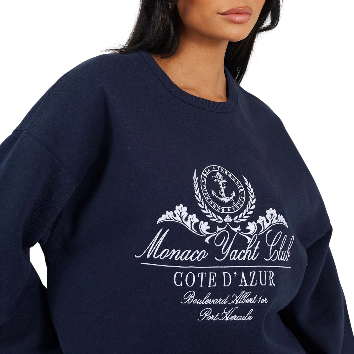 Navy-White - Side - Brave Soul Womens-Ladies Monaco Yacht Club Crew Neck Sweatshirt