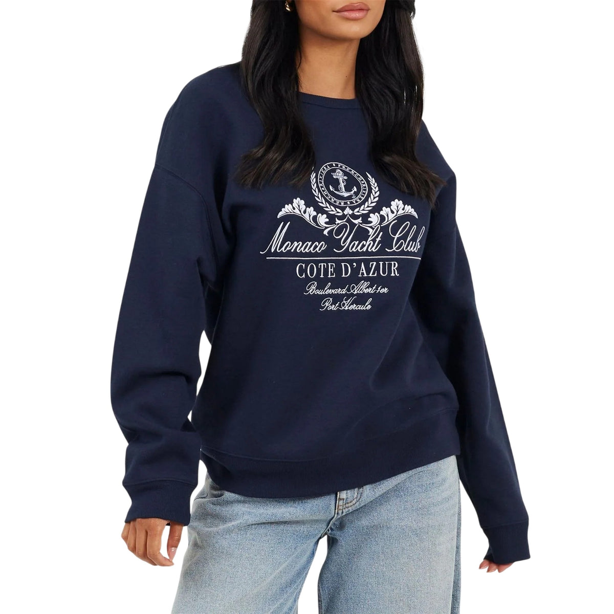 Navy-White - Front - Brave Soul Womens-Ladies Monaco Yacht Club Crew Neck Sweatshirt