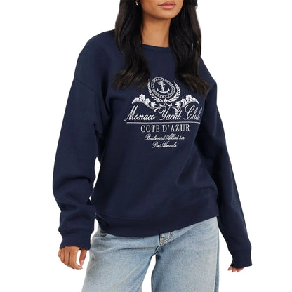 Navy-White - Front - Brave Soul Womens-Ladies Monaco Yacht Club Crew Neck Sweatshirt