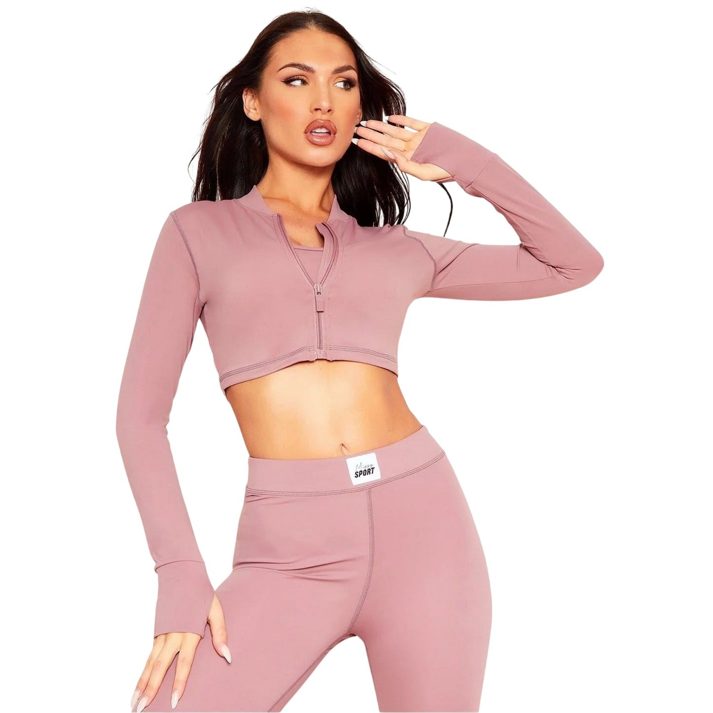 Rose - Back - Missy Empire Womens-Ladies Logo Cropped Fitted Long-Sleeved Gym Jacket