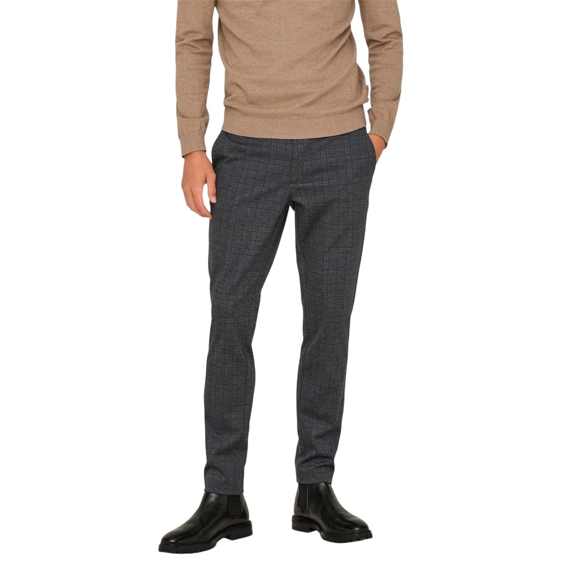 Grey - Side - Only Mens Plaid Slim Chinos