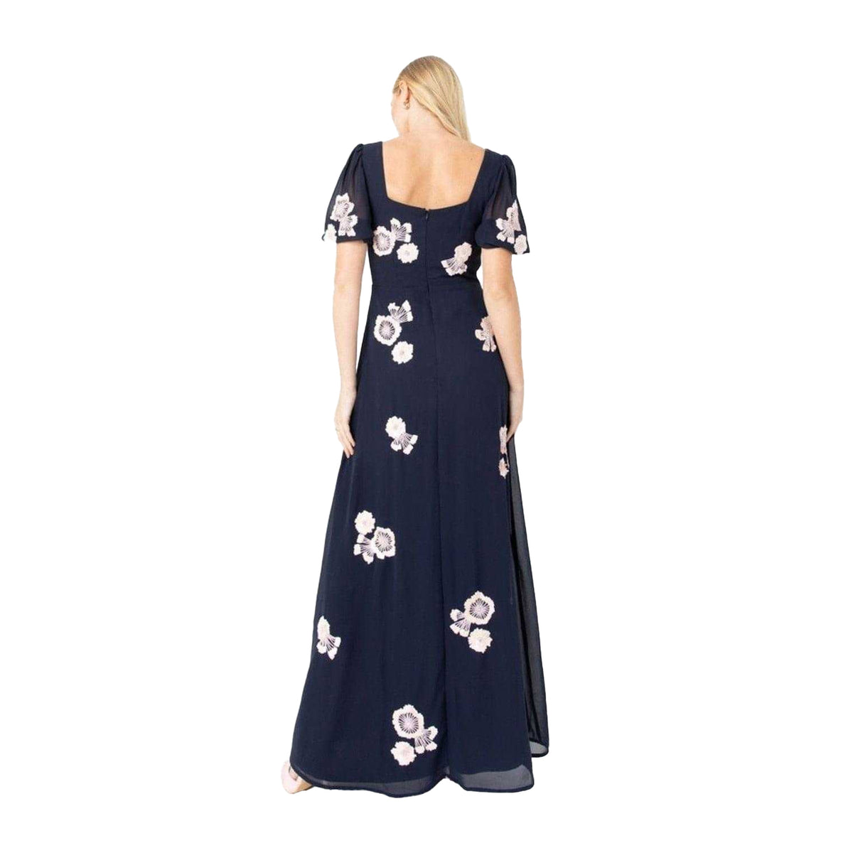 Navy - Back - Maya Deluxe Womens-Ladies Floral Embroidery Puff Sleeve Maxi Dress