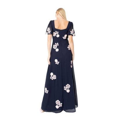 Navy - Back - Maya Deluxe Womens-Ladies Floral Embroidery Puff Sleeve Maxi Dress