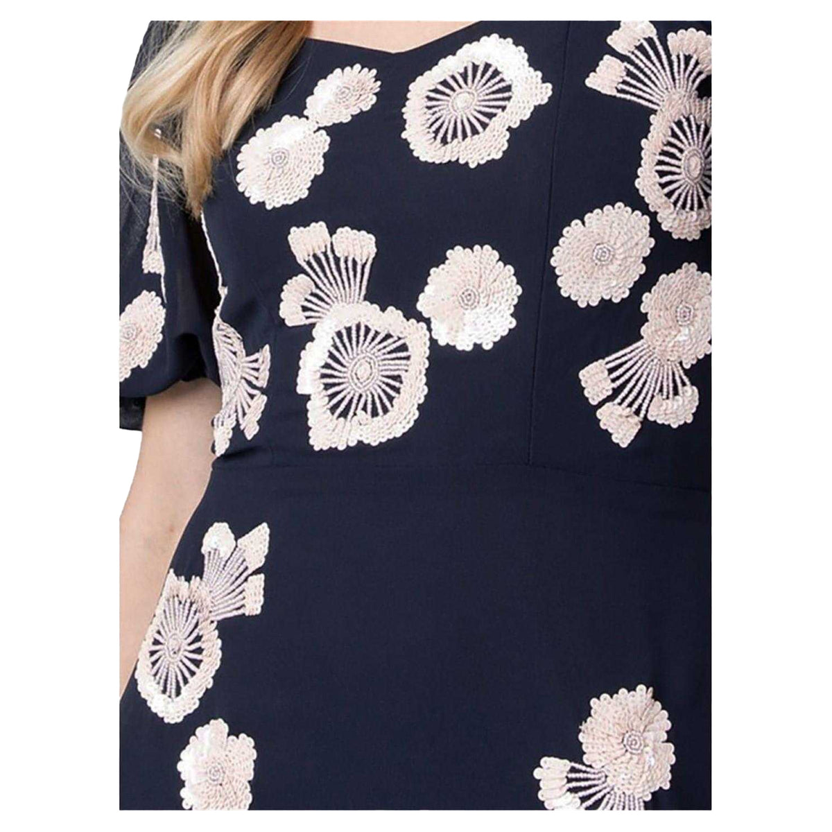 Navy - Side - Maya Deluxe Womens-Ladies Floral Embroidery Puff Sleeve Maxi Dress