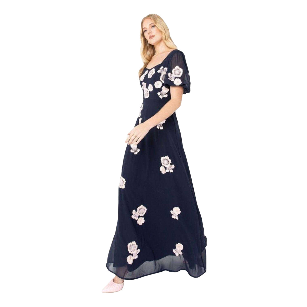 Navy - Front - Maya Deluxe Womens-Ladies Floral Embroidery Puff Sleeve Maxi Dress