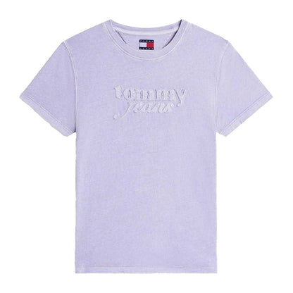 Periwinkle-Dusk - Front - Tommy Jeans Womens-Ladies Script Cotton Cropped Regular Short-Sleeved T-Shirt