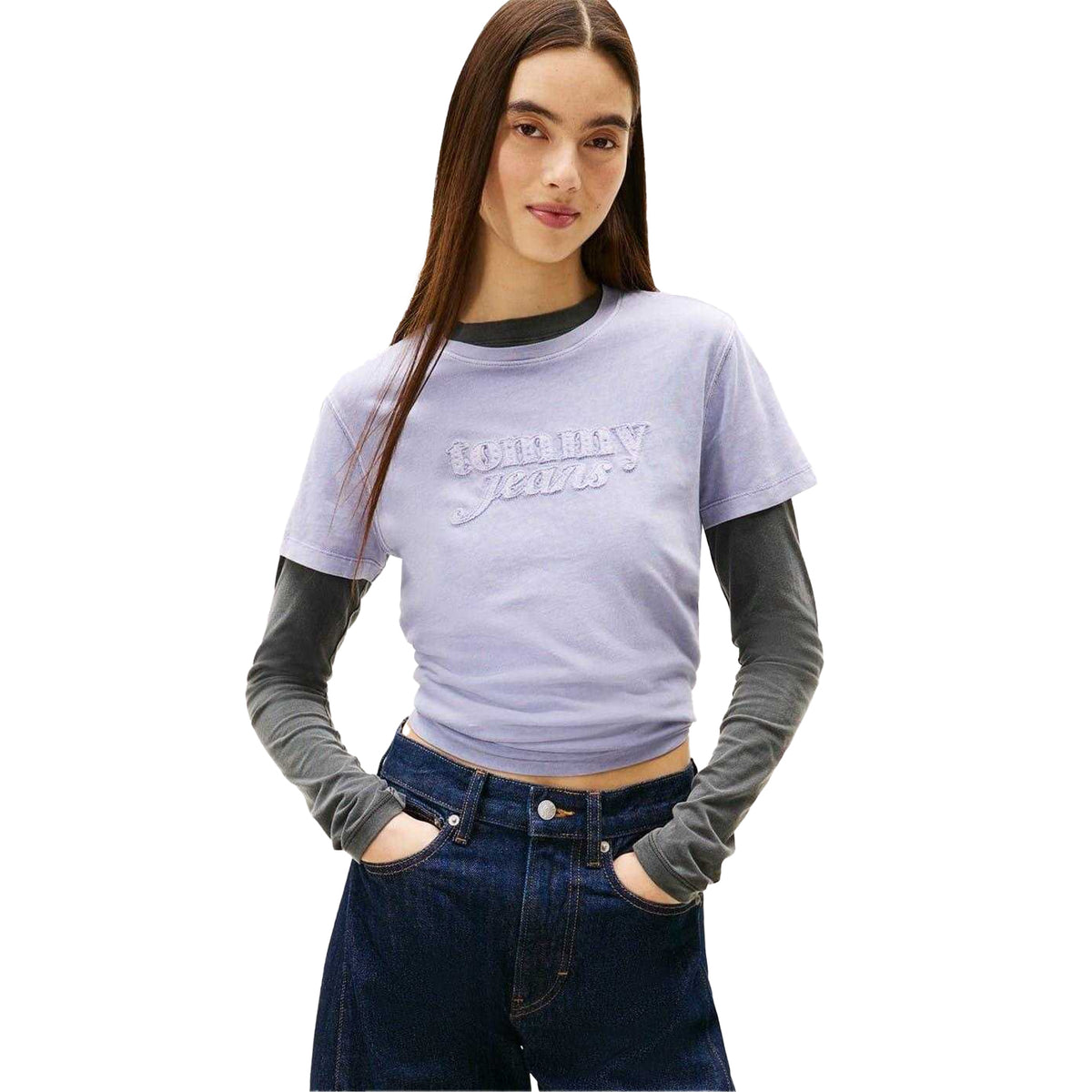 Periwinkle-Dusk - Side - Tommy Jeans Womens-Ladies Script Cotton Cropped Regular Short-Sleeved T-Shirt