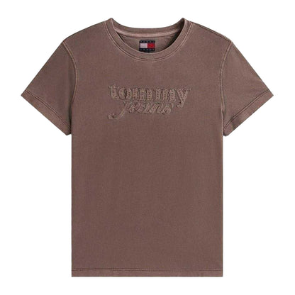 Black-Walnut - Front - Tommy Jeans Womens-Ladies Script Cotton Cropped Regular Short-Sleeved T-Shirt