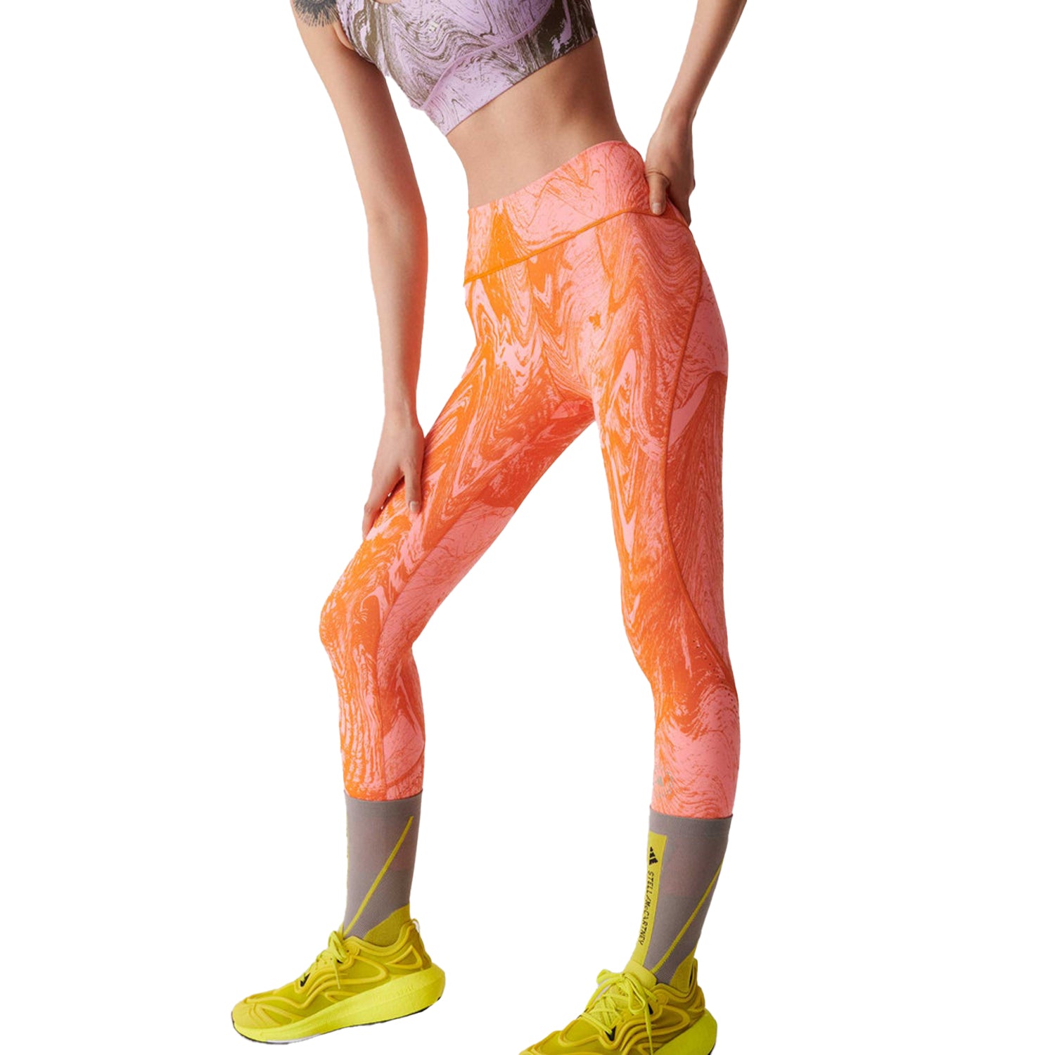 Orange - Side - Adidas Womens-Ladies Marble Leggings