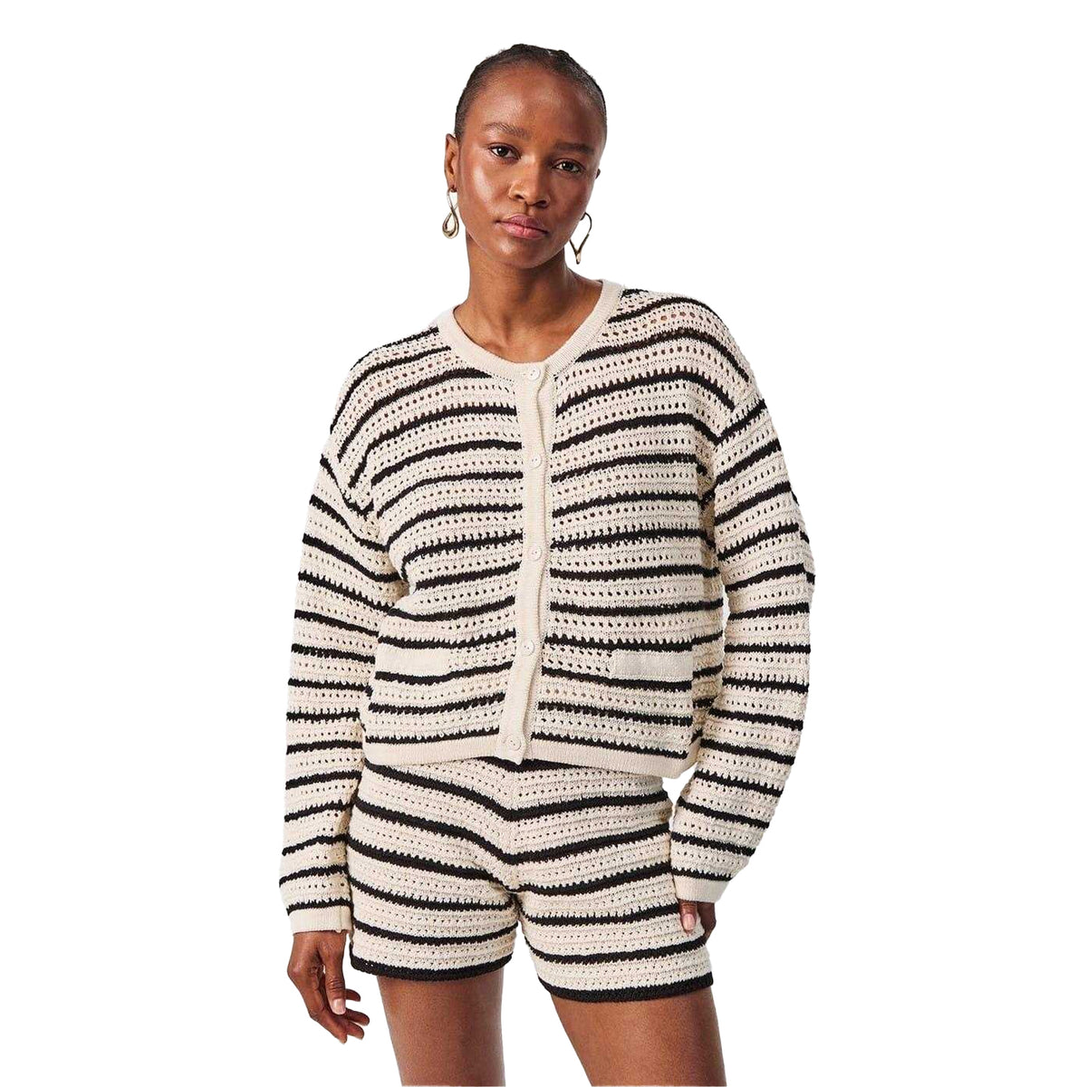 Black - Side - Edited Womens-Ladies Ida Stripe Crochet Cardigan