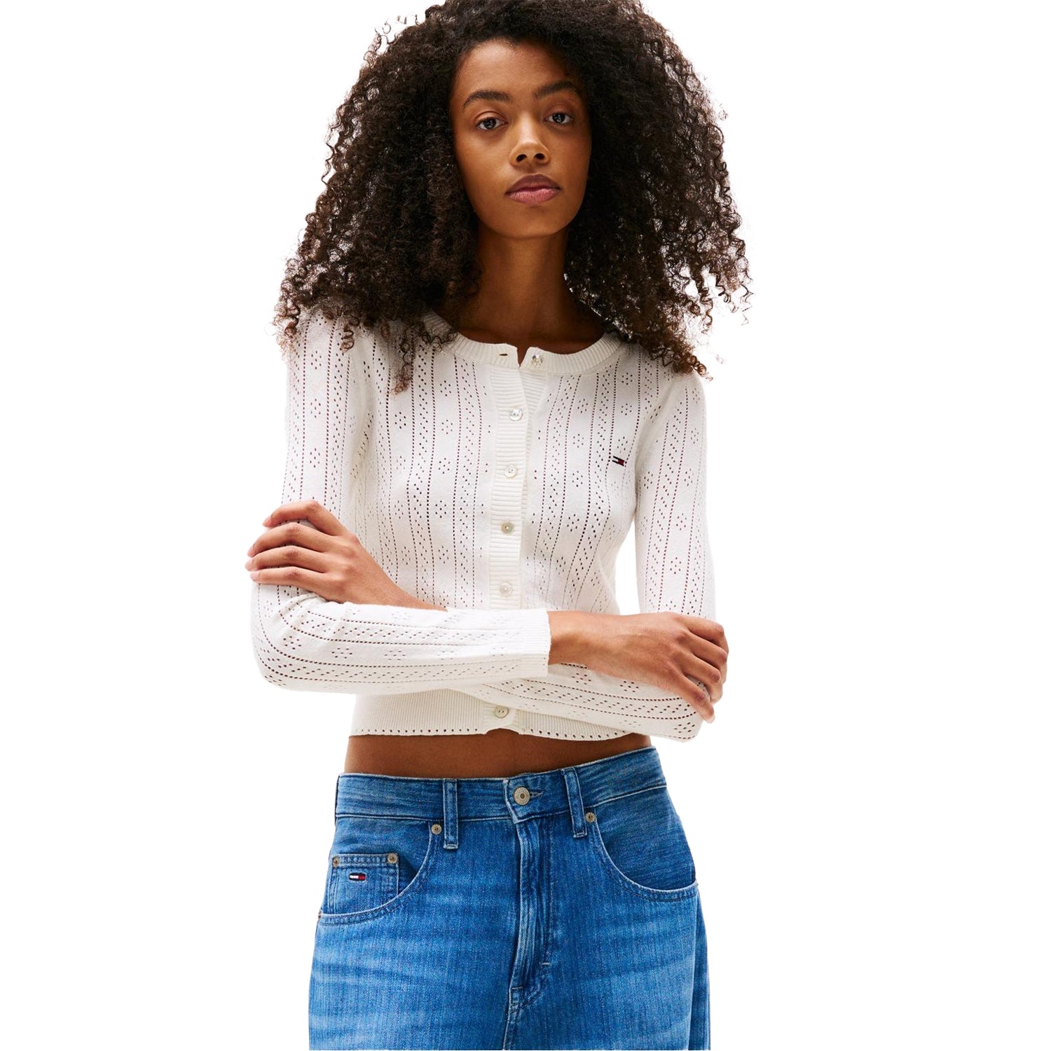 Ecru - Side - Tommy Jeans Womens-Ladies Pointelle Cardigan