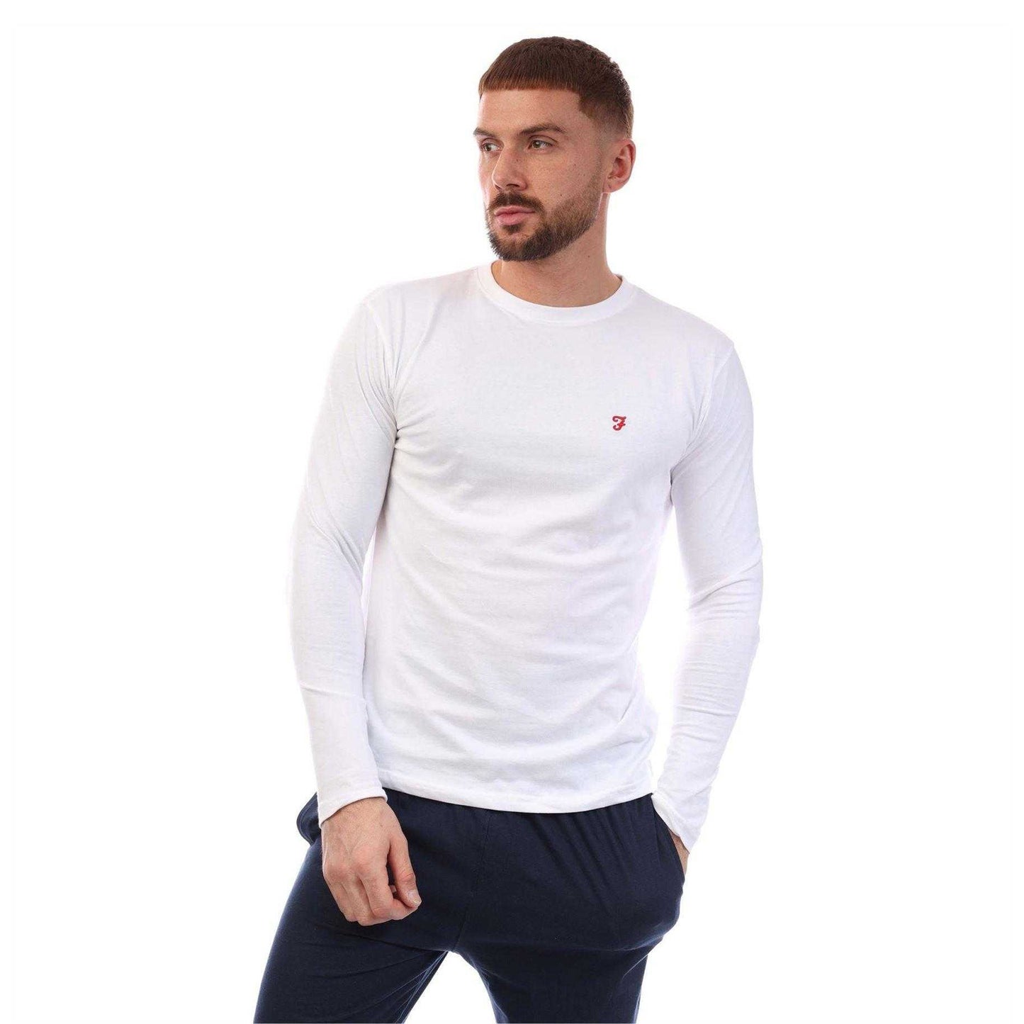 White-Navy - Side - Farah Mens Cotton Long-Sleeved Loungewear Set