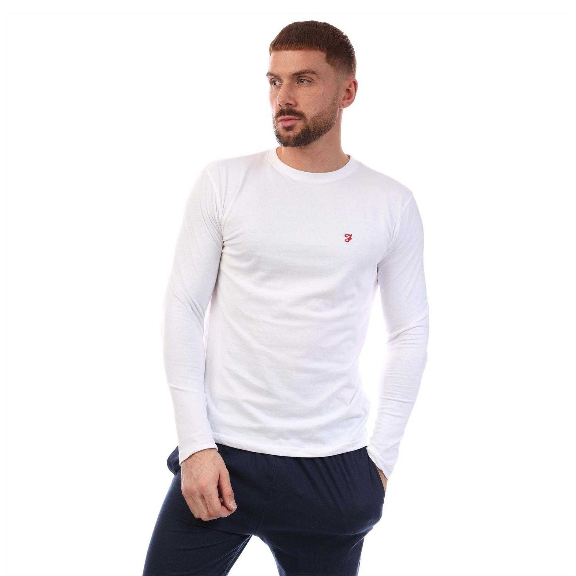 White-Navy - Side - Farah Mens Cotton Long-Sleeved Loungewear Set
