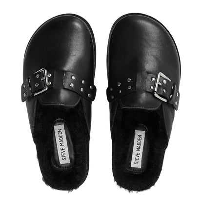 Black - Side - Steve Madden Womens-Ladies Evergreen Suede Buckle Detail Flat Clogs