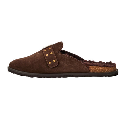 Brown - Back - Steve Madden Womens-Ladies Evergreen Suede Buckle Detail Flat Clogs