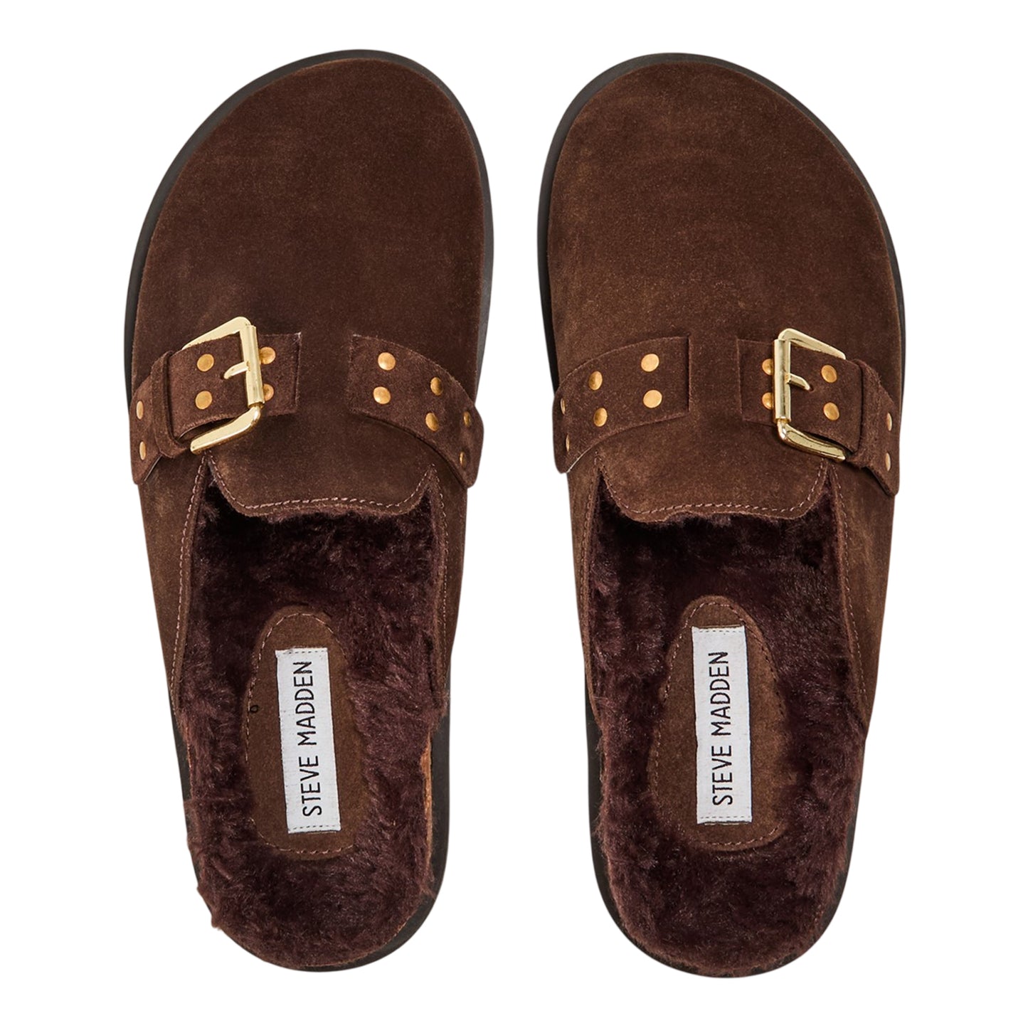 Brown - Side - Steve Madden Womens-Ladies Evergreen Suede Buckle Detail Flat Clogs