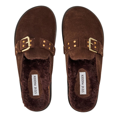 Brown - Side - Steve Madden Womens-Ladies Evergreen Suede Buckle Detail Flat Clogs