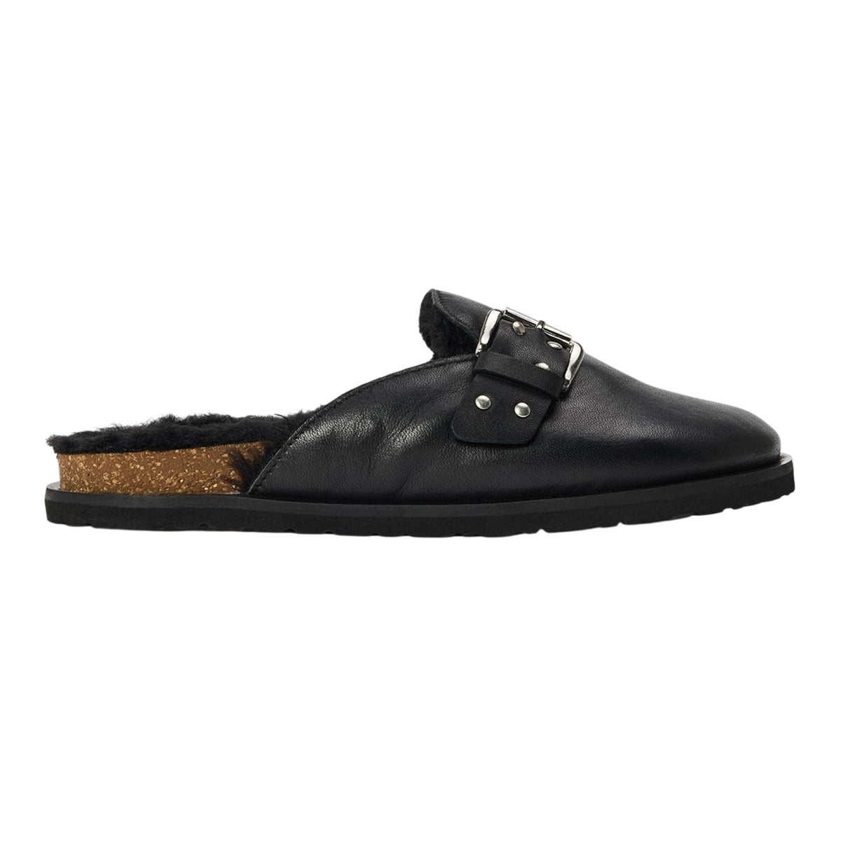 Black - Front - Steve Madden Womens-Ladies Evergreen Suede Buckle Detail Flat Clogs