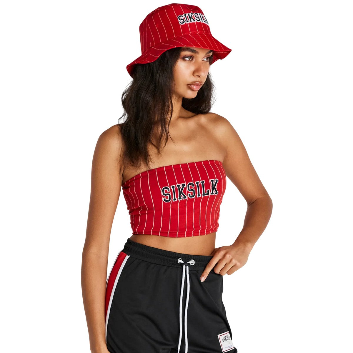Red - Lifestyle - SikSilk Womens-Ladies Pinstripe Bandeau Crop Top