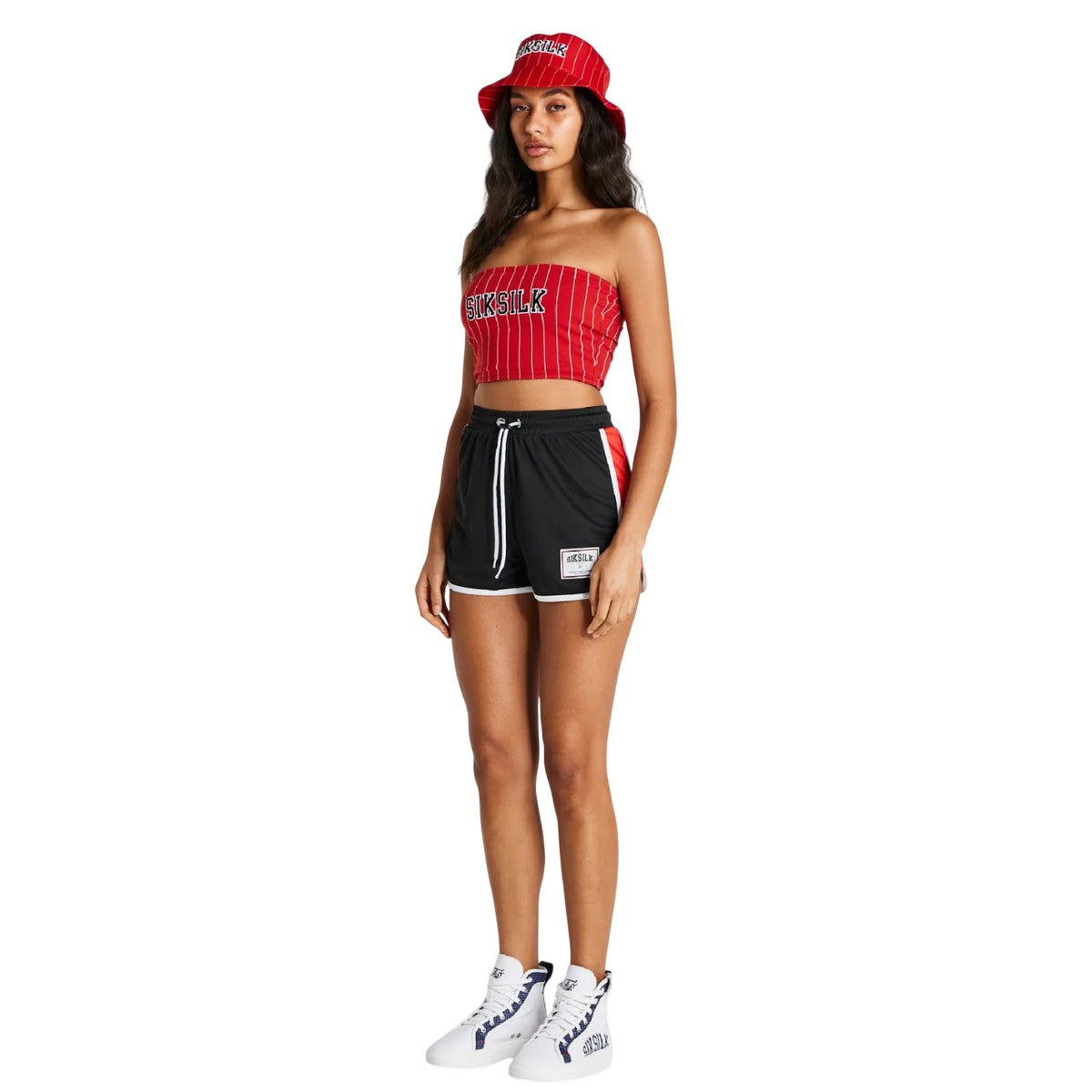 Red - Pack Shot - SikSilk Womens-Ladies Pinstripe Bandeau Crop Top