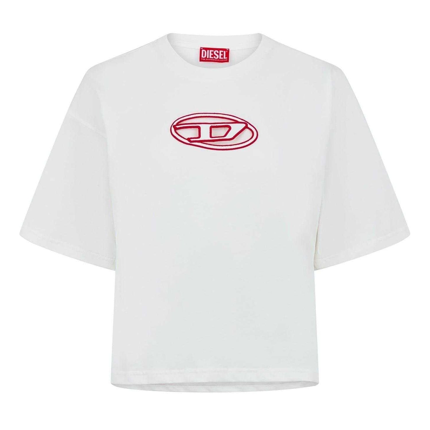 White - Front - Diesel Womens-Ladies Oval Logo Oversized Crop T-Shirt