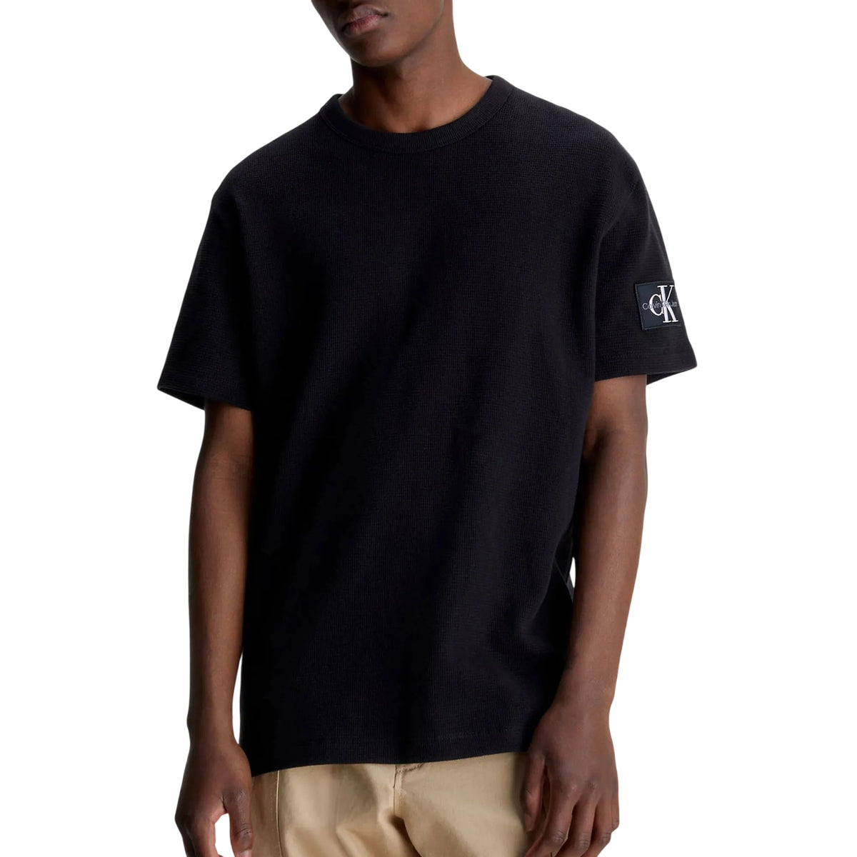 Black - Side - Calvin Klein Mens Waffle Boxy T-Shirt