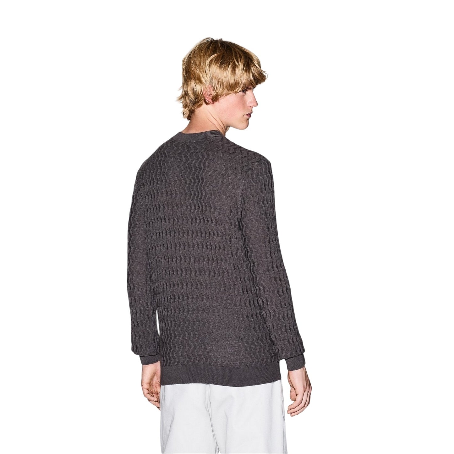 Gull Grey - Back - Armani Exchange Mens Textured Knit Pullover