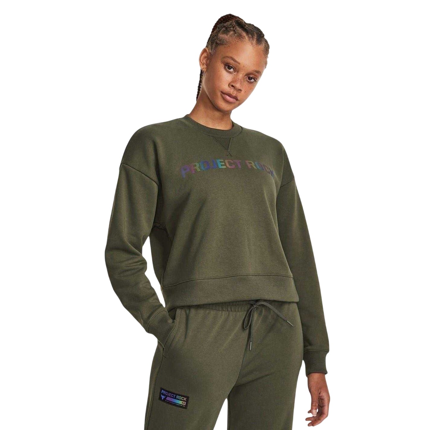 Green - Side - Under Armour Womens-Ladies Project Rock Back Print Sweatshirt