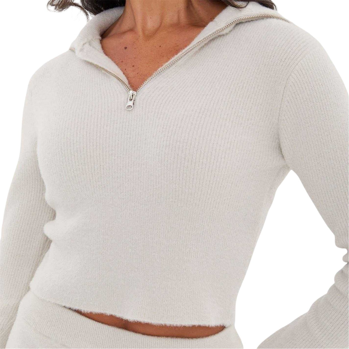 Grey - Side - I Saw It First Womens-Ladies Cropped Ribbed Zip Neck Jumper