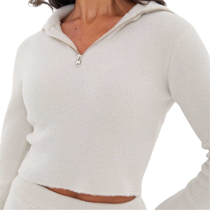 Grey - Side - I Saw It First Womens-Ladies Cropped Ribbed Zip Neck Jumper