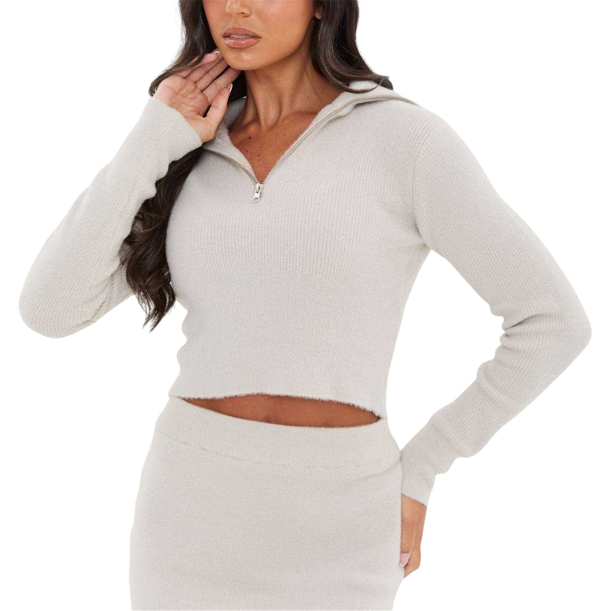 Grey - Front - I Saw It First Womens-Ladies Cropped Ribbed Zip Neck Jumper