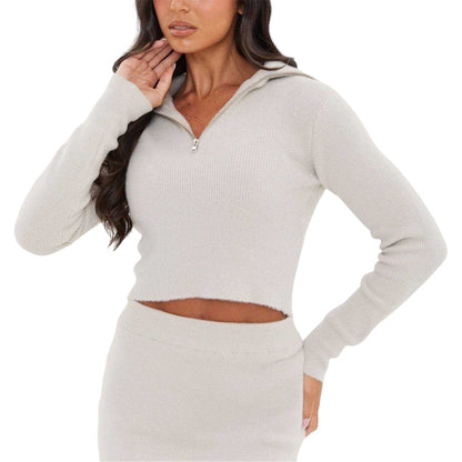 Grey - Front - I Saw It First Womens-Ladies Cropped Ribbed Zip Neck Jumper