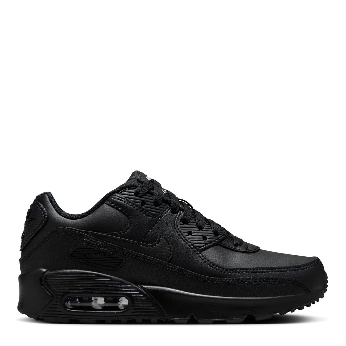 Triple Black - Front - Nike Childrens-Kids Air Max 90 Leather Low Trainers