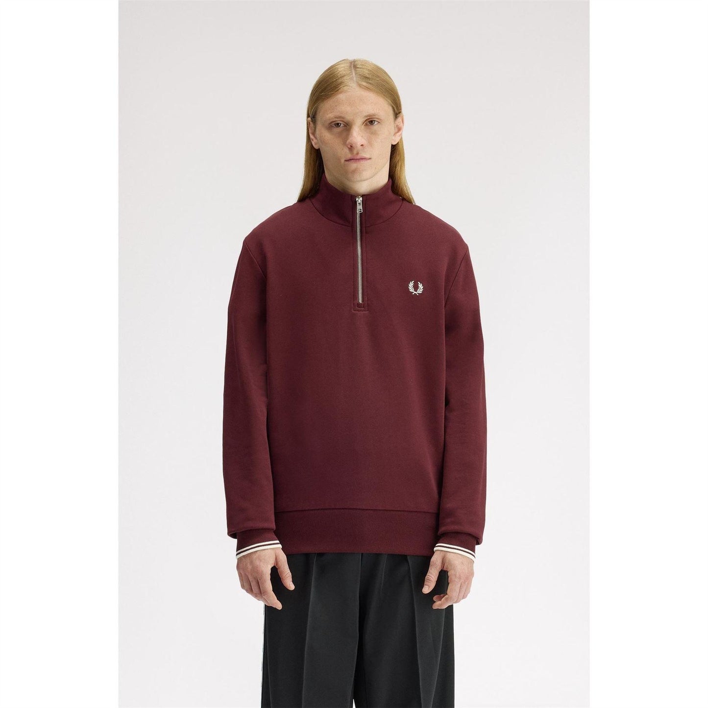 Oxblood - Side - Fred Perry Mens Logo Half Zip Sweatshirt