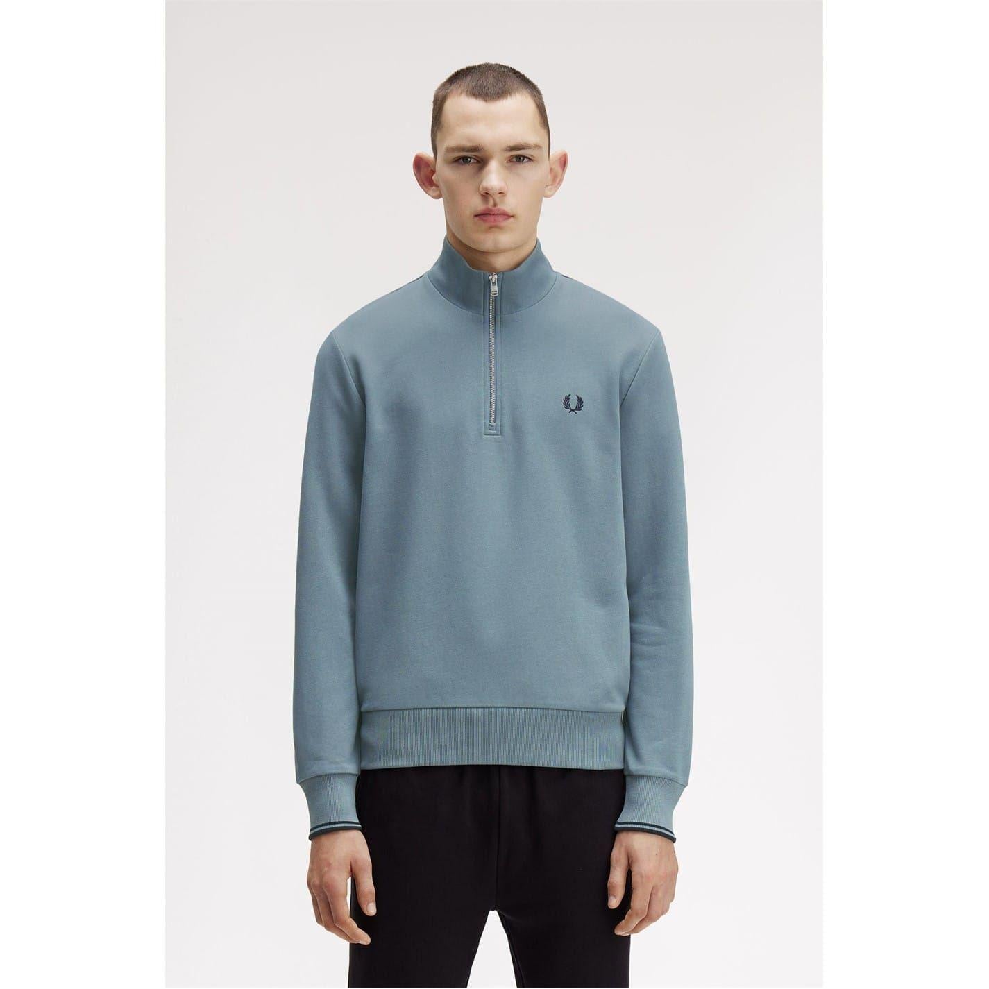 Blue - Side - Fred Perry Mens Logo Half Zip Sweatshirt