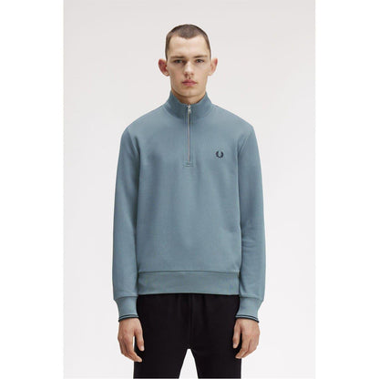 Blue - Side - Fred Perry Mens Logo Half Zip Sweatshirt