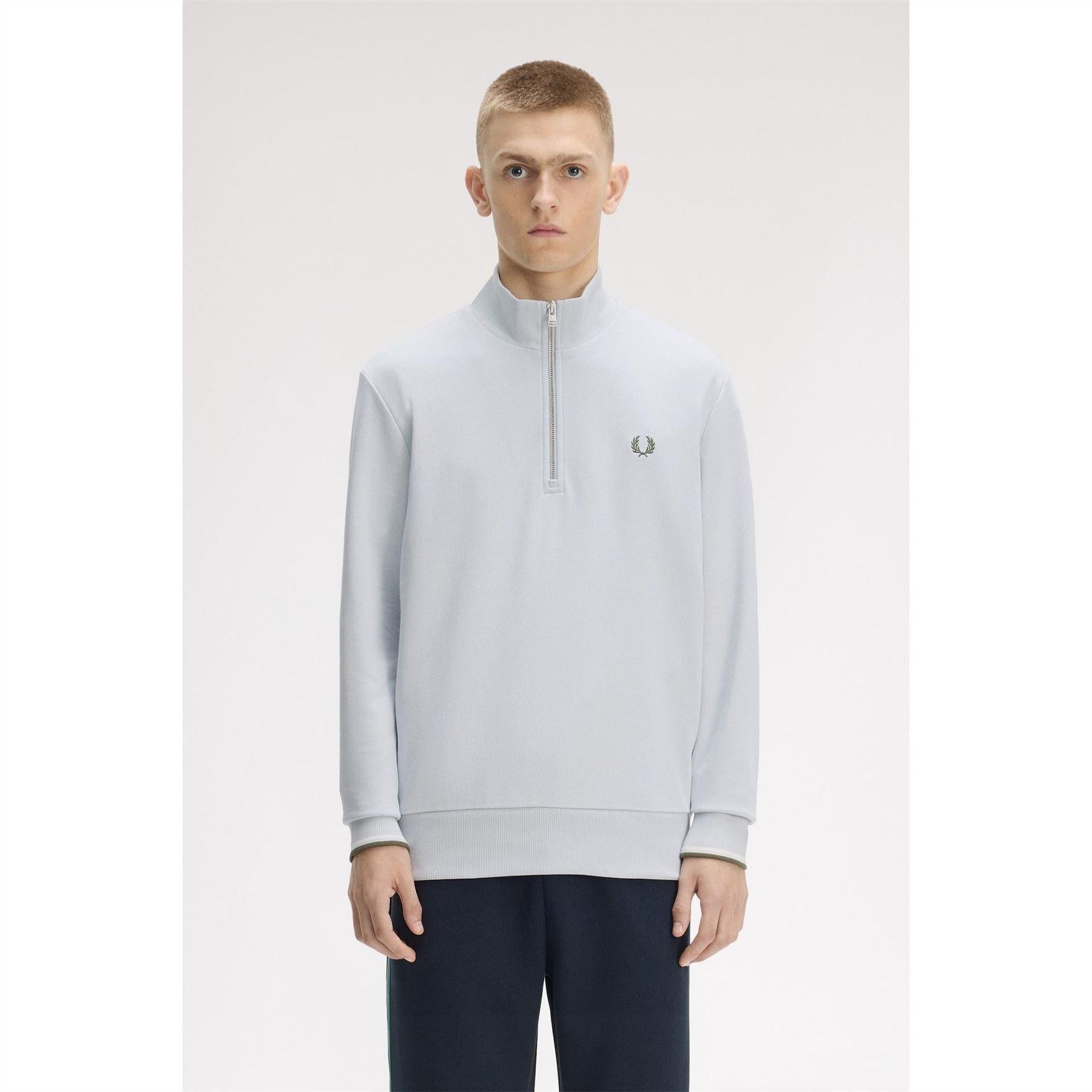 Dusky Blue - Side - Fred Perry Mens Logo Half Zip Sweatshirt
