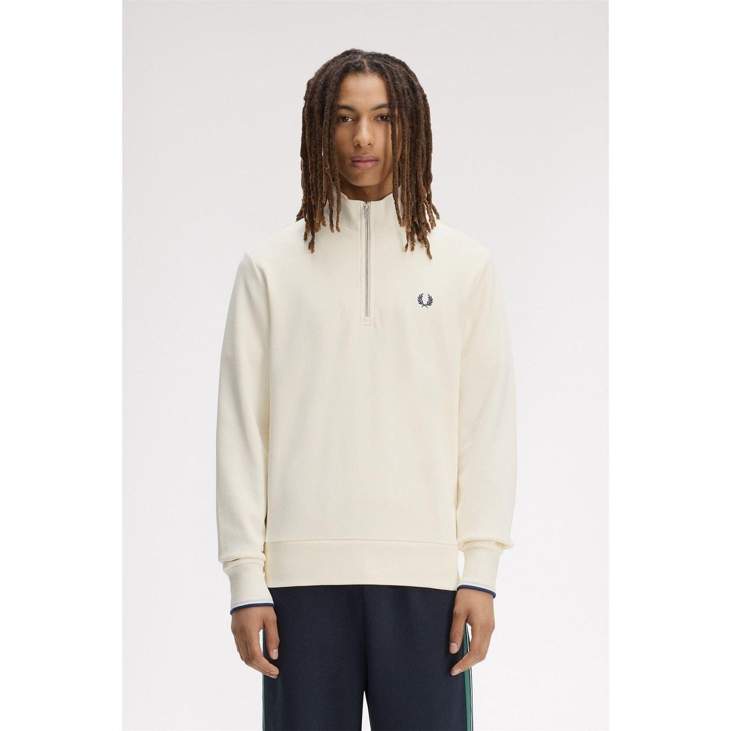 Ecru - Side - Fred Perry Mens Logo Half Zip Sweatshirt