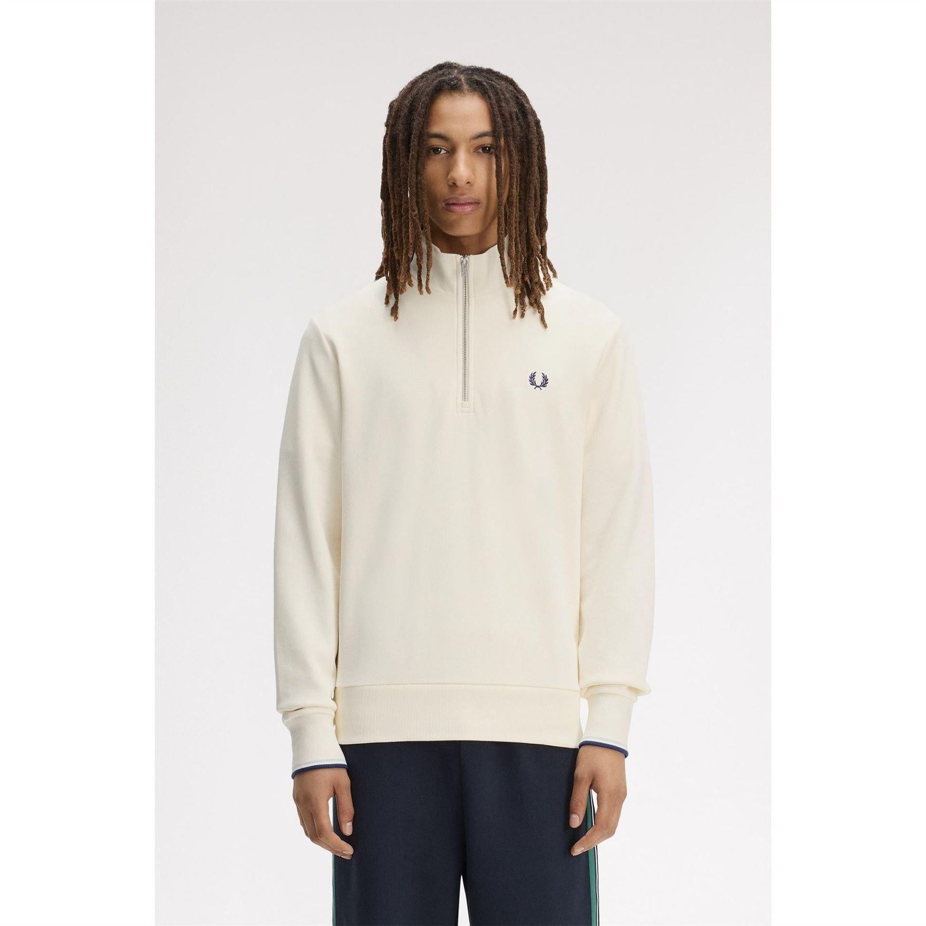 Ecru - Side - Fred Perry Mens Logo Half Zip Sweatshirt