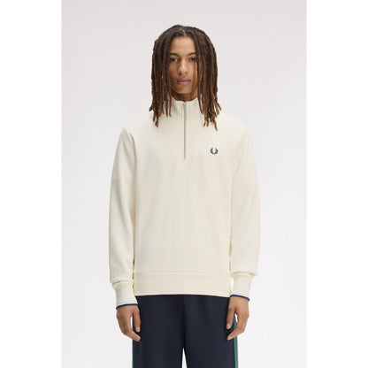 Ecru - Side - Fred Perry Mens Logo Half Zip Sweatshirt