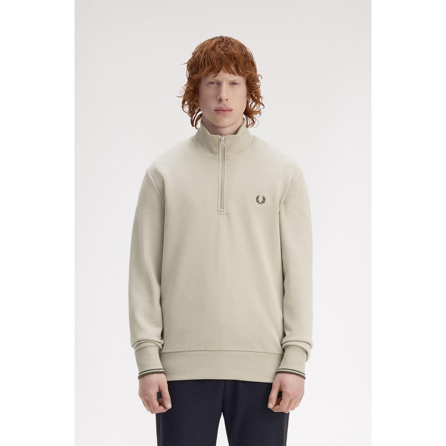 Warm Beige - Side - Fred Perry Mens Logo Half Zip Sweatshirt