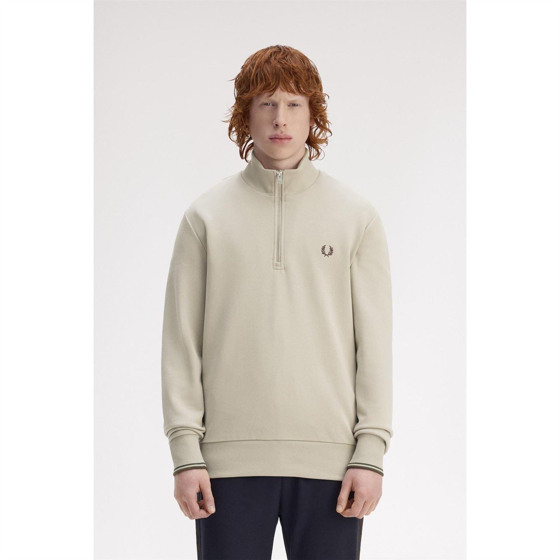 Warm Beige - Side - Fred Perry Mens Logo Half Zip Sweatshirt