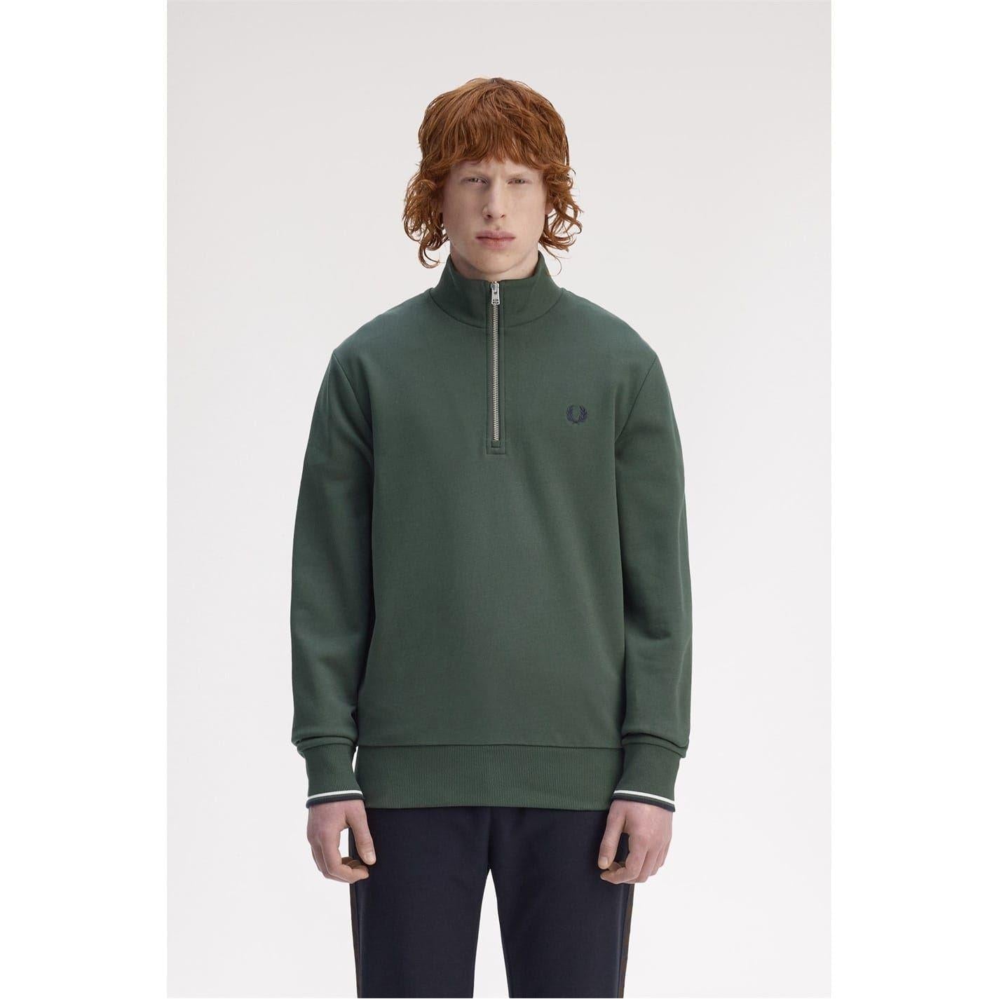 Court Green - Side - Fred Perry Mens Logo Half Zip Sweatshirt
